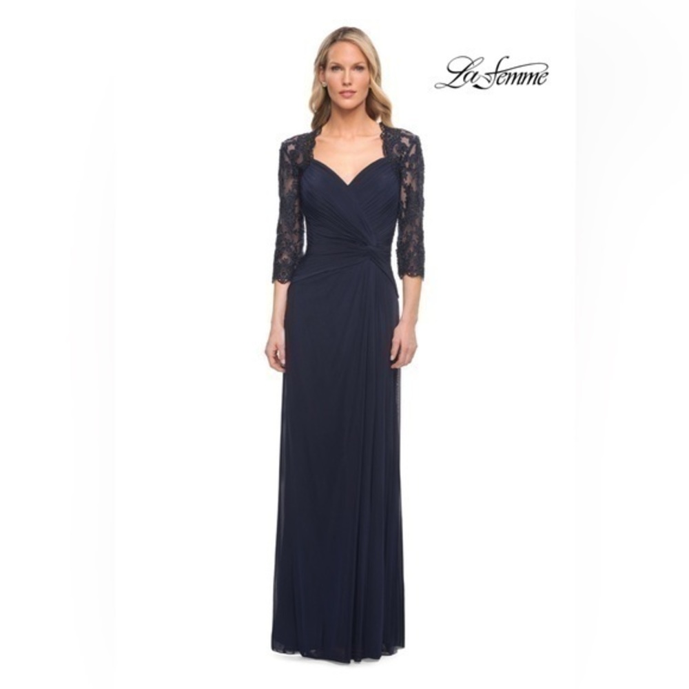 La Femme 23244 Navy Ruched Twist Lace Sleeve Column Gown Size 4 NWT Mother Bride